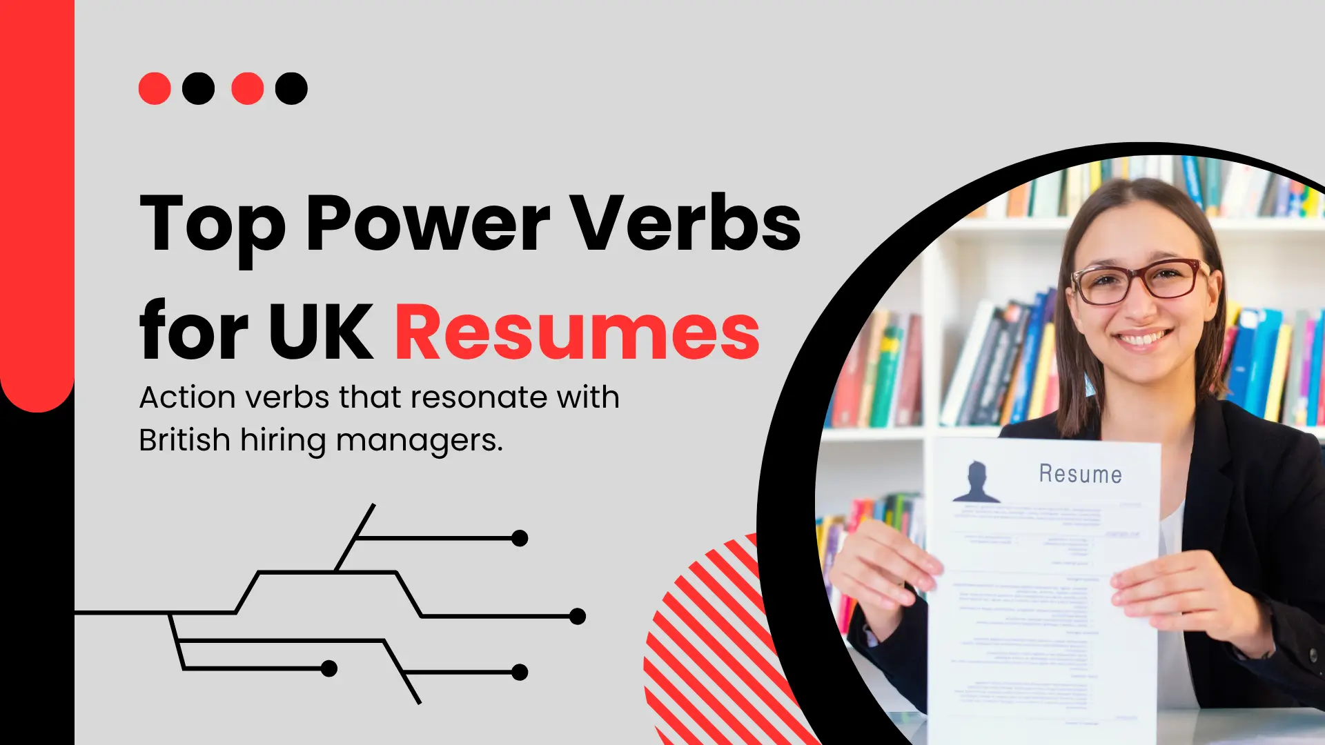 A blog or guide banner titled "Top Power Verbs for UK Resumes" in large, bold white text against a grey background with red accents. The subtitle below the main title reads: "Action verbs that resonate with British hiring managers." On the right, a professional-looking woman with long dark hair and glasses, wearing a black blazer, smiles directly at the viewer while holding up a generic resume/CV. The left side features a decorative, abstract graphic of connected lines and dots, suggesting a network or process. The overall design is modern, clean, and suggests career or job application advice specific to the UK job market.