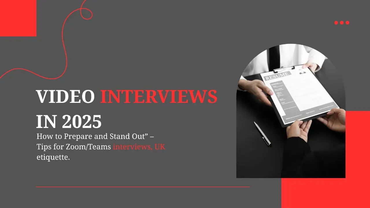 A dark-themed blog banner for a guide titled "VIDEO INTERVIEWS IN 2025." The main title is prominent in large white and red text. Below it, in smaller white text, is the subtitle: "How to Prepare and Stand Out" – Tips for Zoom/Teams interviews, UK etiquette." The background is a sophisticated charcoal grey with two solid, bright red, rectangular design elements in the top-left and bottom-right corners, adding a high-contrast, modern aesthetic. On the right side, two hands are visible across a dark desk. One hand, wearing a formal dark suit, is extending a resume document (labeled "RESUME") to another hand, suggesting a professional exchange or job interview context. A silver pen rests on the desk near the document.
