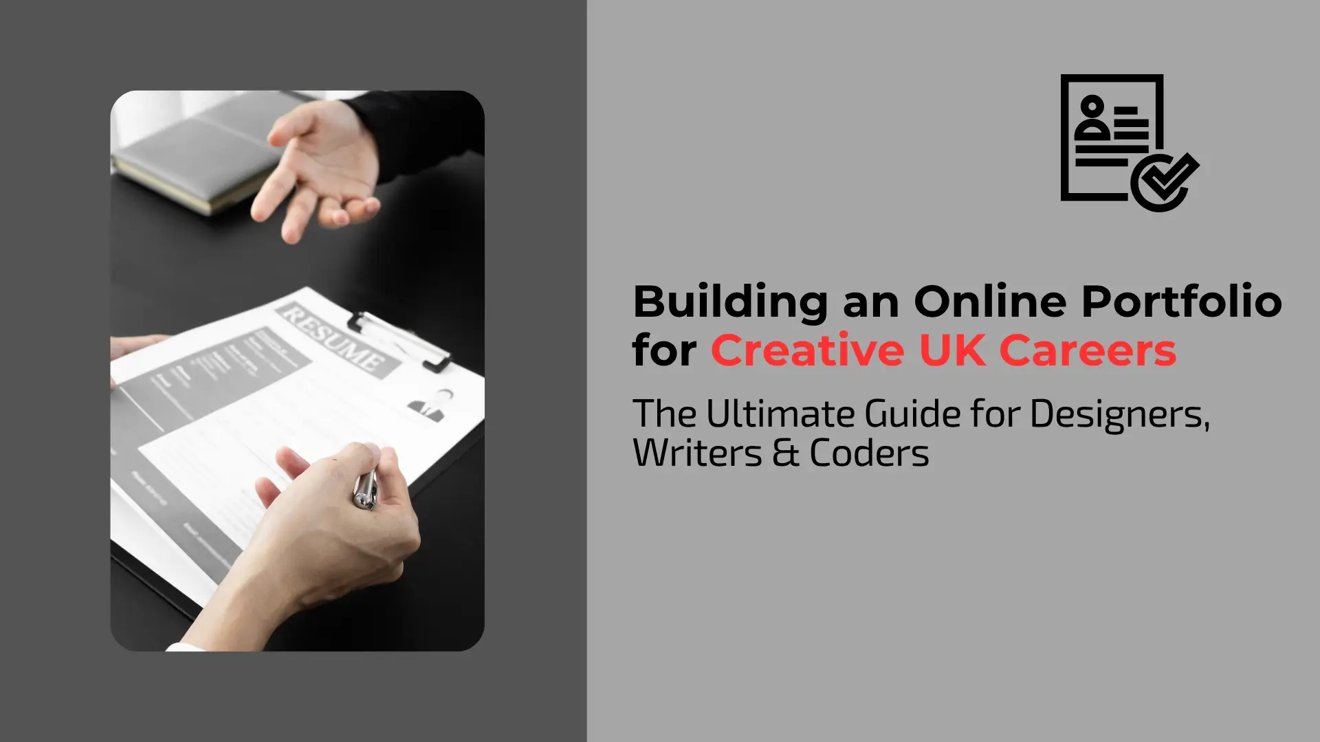 The left side features a black-and-white photograph showing a job interview scenario. A person, whose face is not visible, is seated across a table, extending their hands forward in a gesture of presenting or explaining. Their hands rest on a clipboard holding a document labeled "RESUME" in large capital letters, which the person is pointing at with a pen. The scene suggests a professional setting, focusing on the application process.