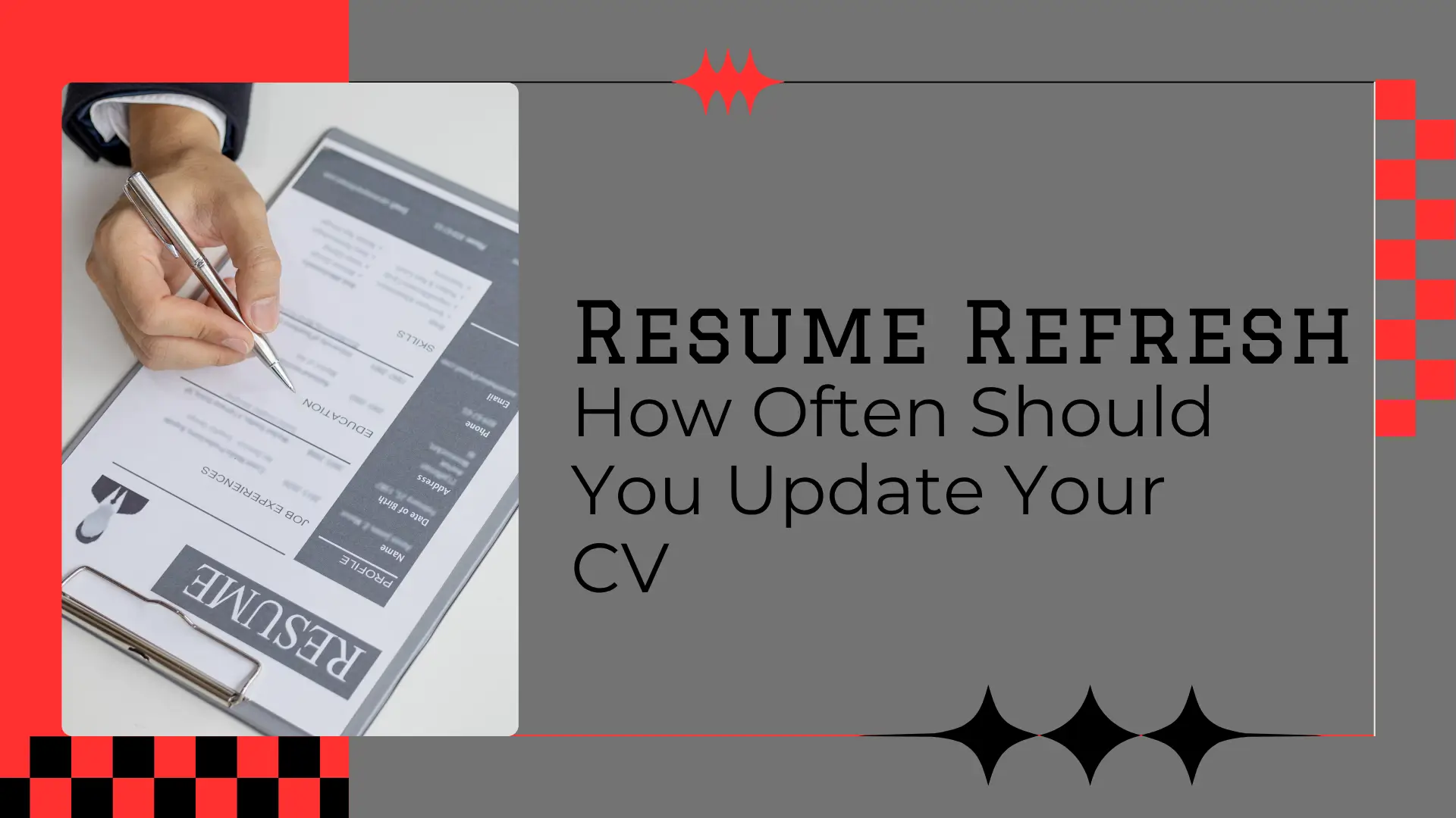 A monochrome, high-angle close-up photograph shows the lower part of a person's torso and right hand. The person, wearing a dark suit jacket and white shirt, is holding a silver pen and is poised to write or point at a section of a black and white CV/resume placed on a clipboard. The visible sections of the CV, which is upside down in the photo, include "PROFILE," "JOB EXPERIENCES," "SKILLS," and "EDUCATION."