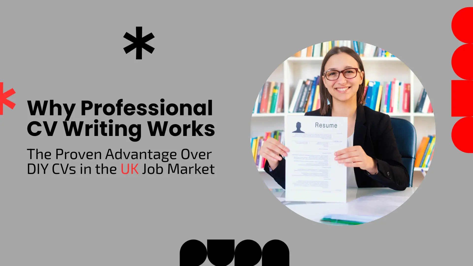 On the right side, inside a large white circular cut-out, is a photograph of a smiling young woman with dark hair and glasses. She is wearing a black blazer and white top, seated at a white desk in an office environment. She is holding up a printed document, which appears to be a résumé or CV, with the word "Resume" visible at the top. The background behind her features a brightly lit bookshelf filled with numerous colorful books.