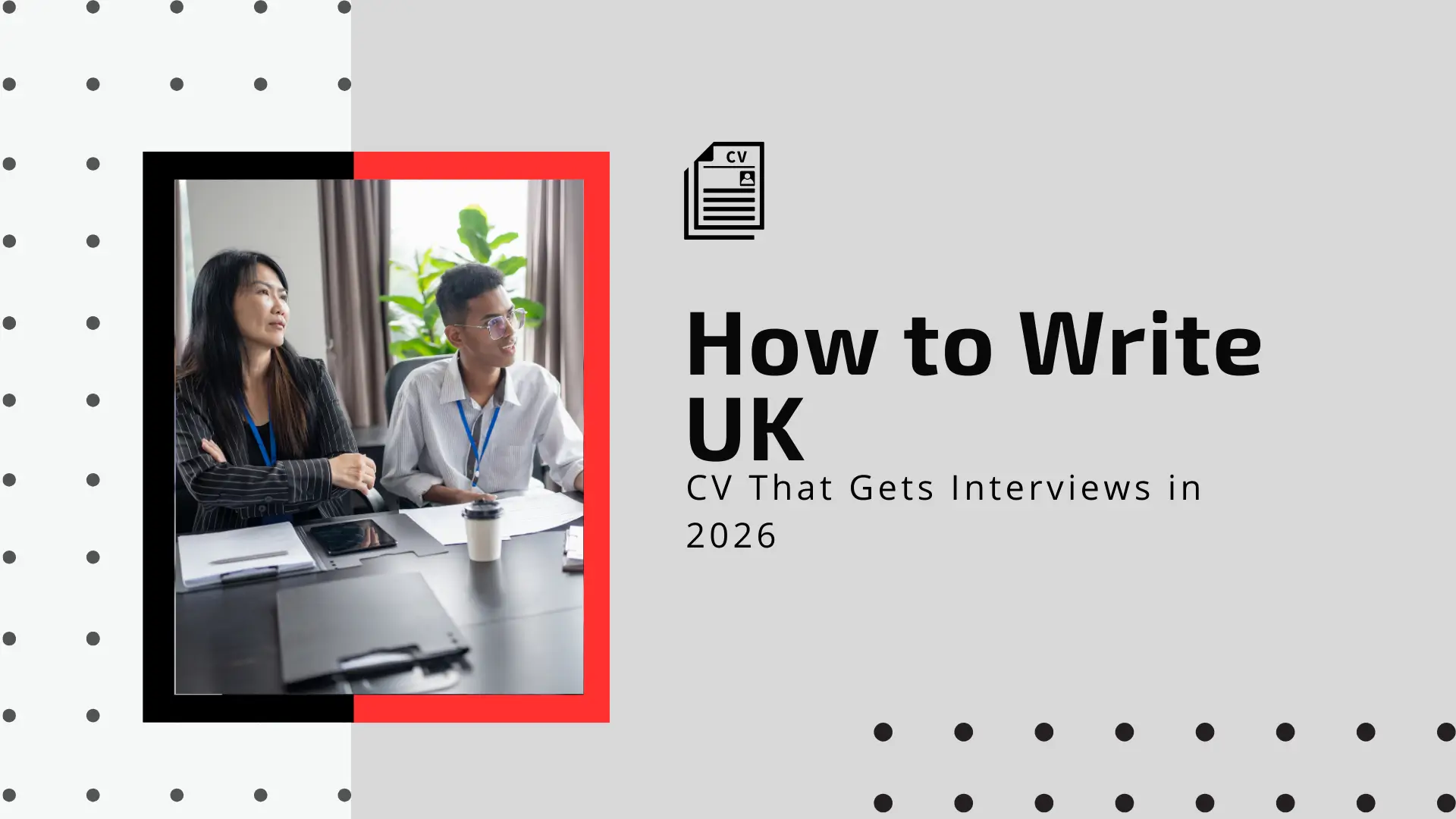 A modern professional banner titled "Common Resume Formatting Mistakes to Avoid (And How Canadian Job Seekers Can Fix Them in 2026)." The design features a light grey background with abstract black squiggles and red star accents. A flower-shaped photo cutout on the right shows two men in business attire—one Black, one White—sitting at a wooden desk and reviewing a printed resume together in an office setting.