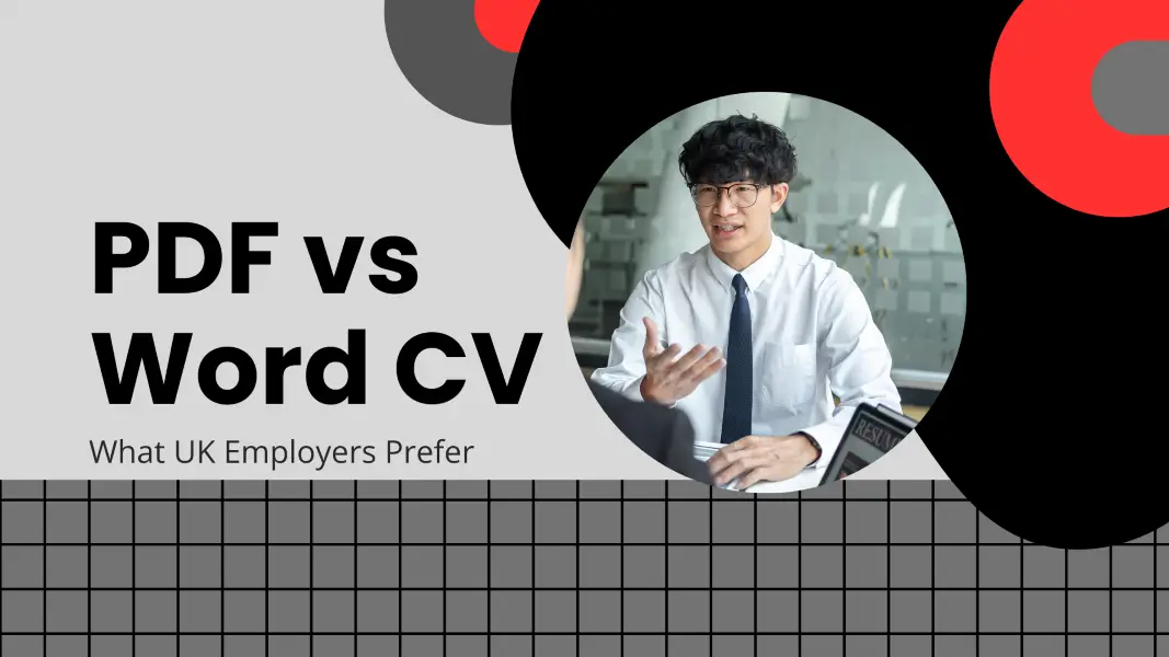 A professional blog banner with a modern, geometric design using a palette of gray, black, and red. The left side features a light gray background with large, bold black text that reads "PDF vs Word CV". Below this, a subheader in a smaller, clean black font asks, "What UK Employers Prefer". The bottom of the banner is grounded by a dark gray grid pattern.