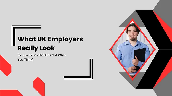 Blog banner titled "What UK Employers Really Look for in a CV in 2026 (It's Not What You Think)" with a diamond-framed image of a professional holding a folder.