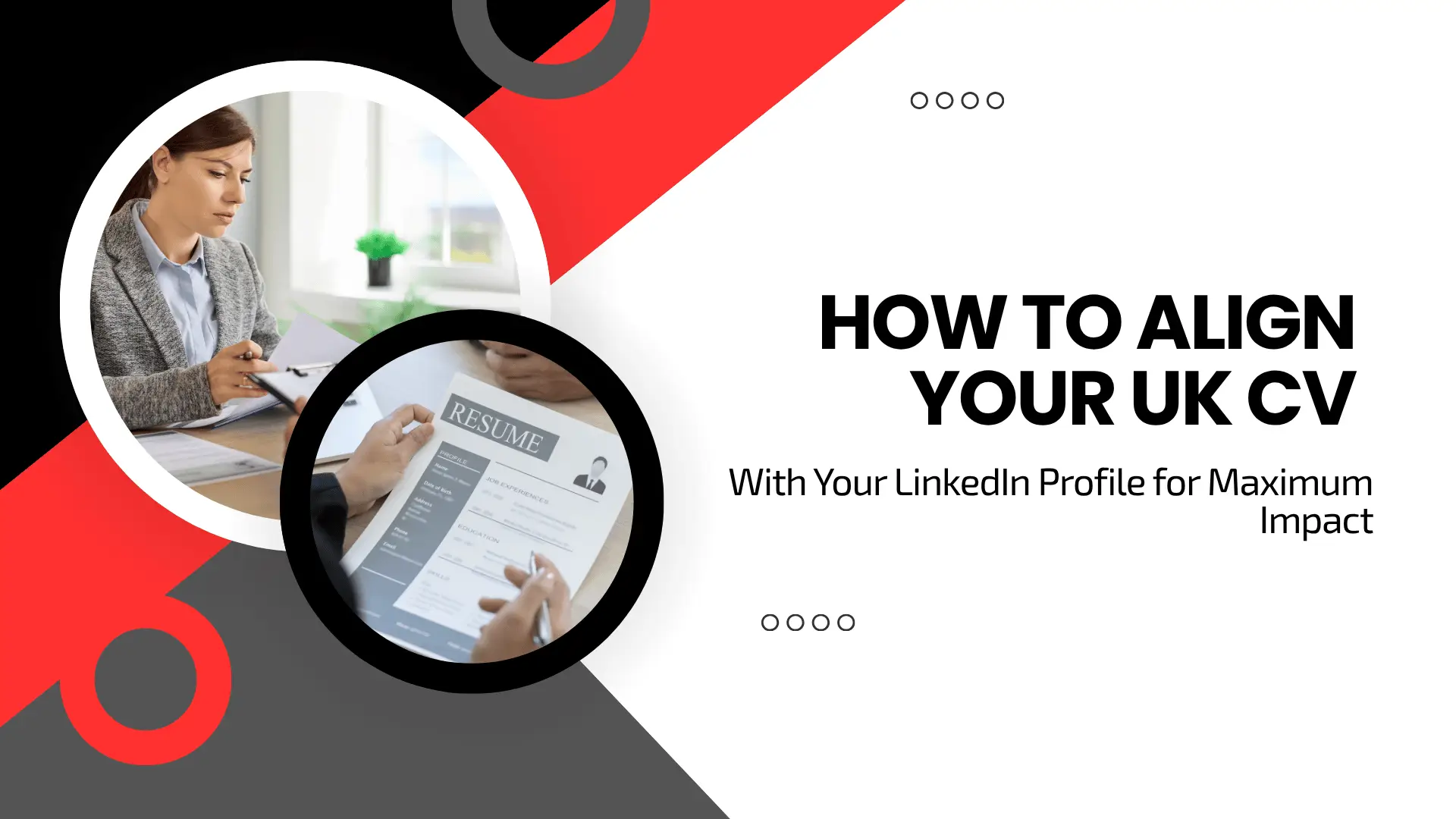 Career guide blog banner titled "HOW TO ALIGN YOUR UK CV With Your LinkedIn Profile for Maximum Impact" featuring overlapping circular insets of a recruiter reviewing a candidate's resume.
