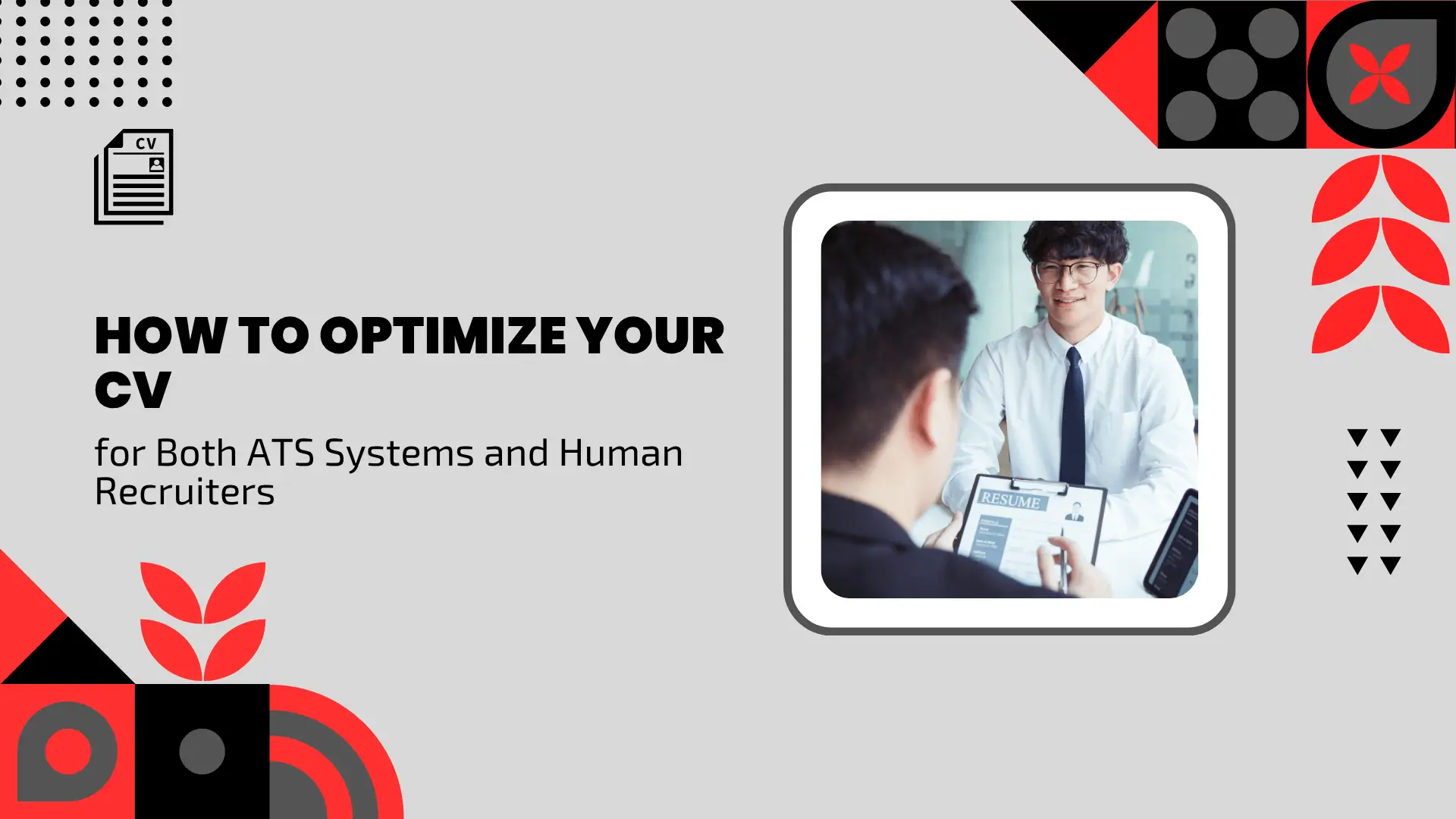 Career guide blog banner titled "HOW TO OPTIMIZE YOUR CV for Both ATS Systems and Human Recruiters" featuring an inset photo of an interviewer discussing a resume with a candidate across a desk.