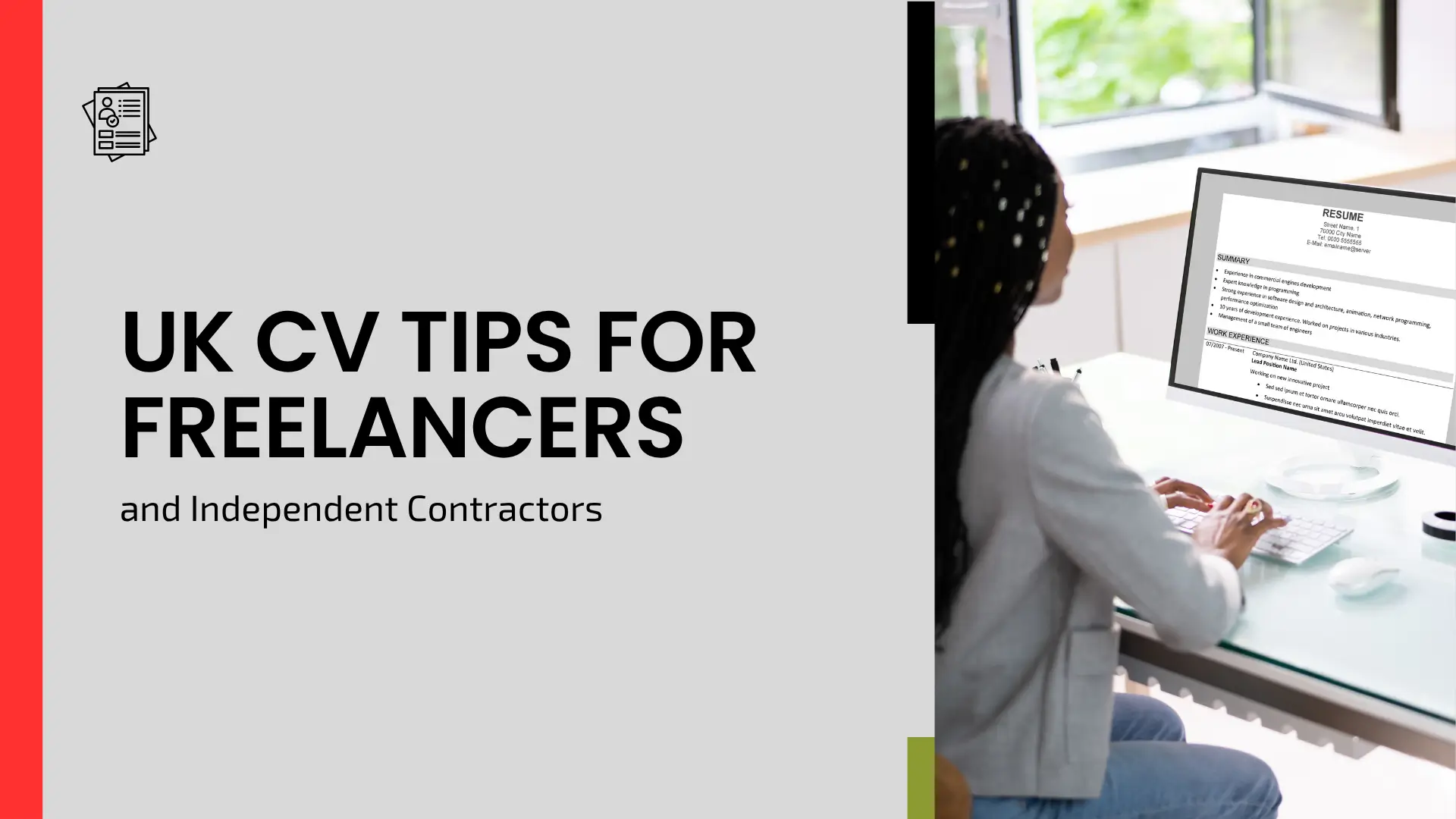 Career guide blog banner titled "UK CV TIPS FOR FREELANCERS and Independent Contractors" featuring an inset image of a professional editing a digital CV document on a computer screen.